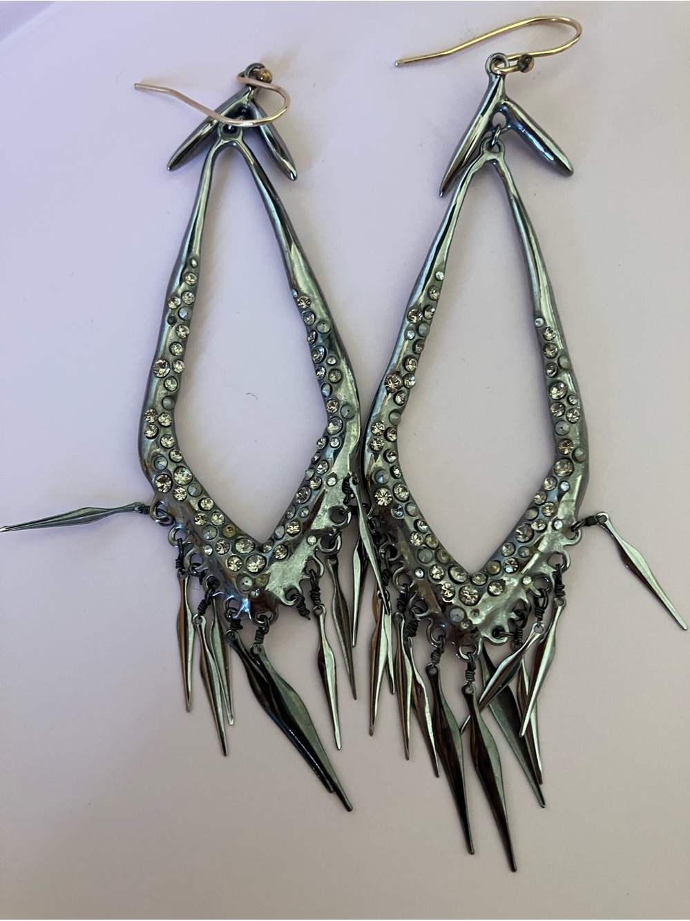 Alexis Bittar Gunmetal Finish Fringe Earrings with Swarovski Crystals 4” long